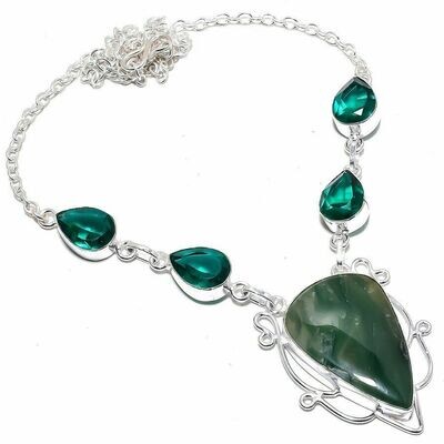Nephrite Jade, Tourmaline 925 Sterling Silver Jewelry Necklace 18