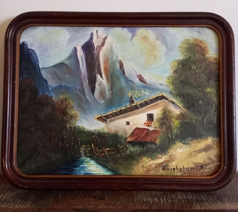 Schilderij/Aquarel berglandschap met huis