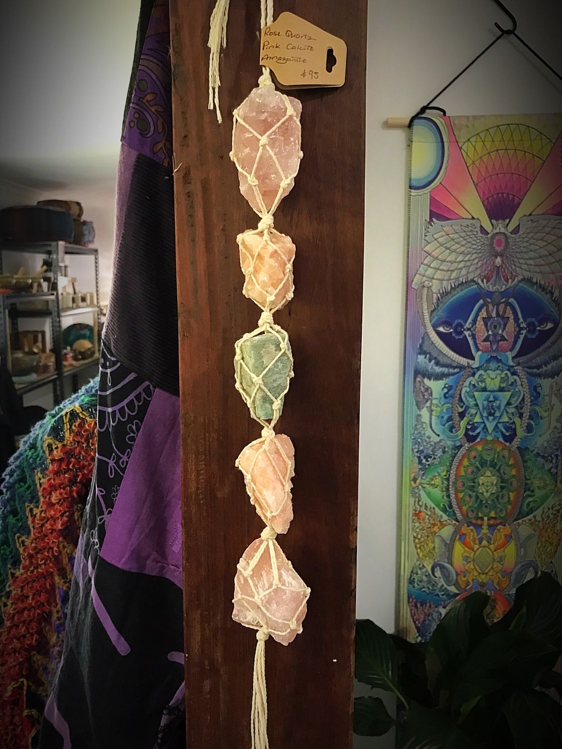 Rose Quartz, Pink Calcite &amp; Amazonite Crystal Hanger