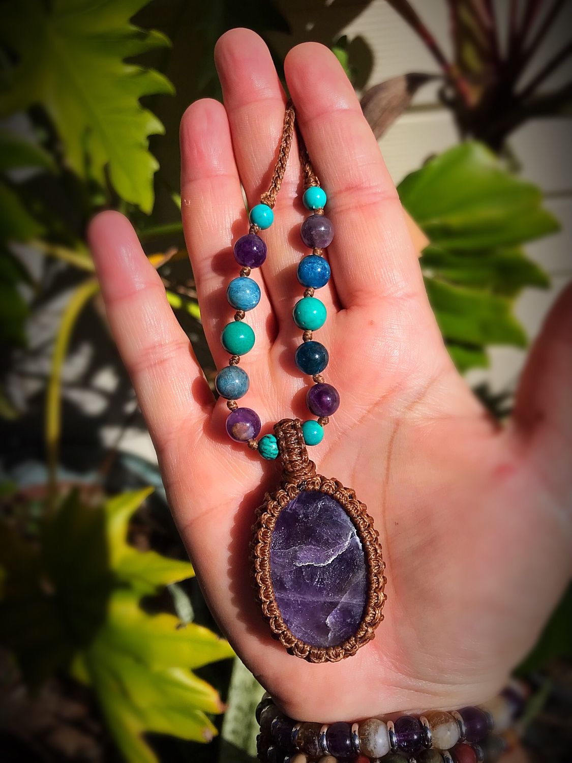 Amethyst Pendant w Turquoise, Apatite &amp; Amethyst 7 Beads Necklace