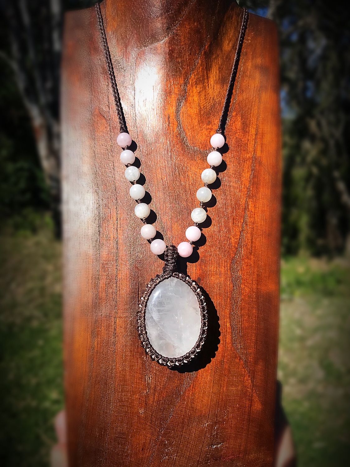 White Agate Pendant with Rose Quartz &amp; Moonstone Necklace