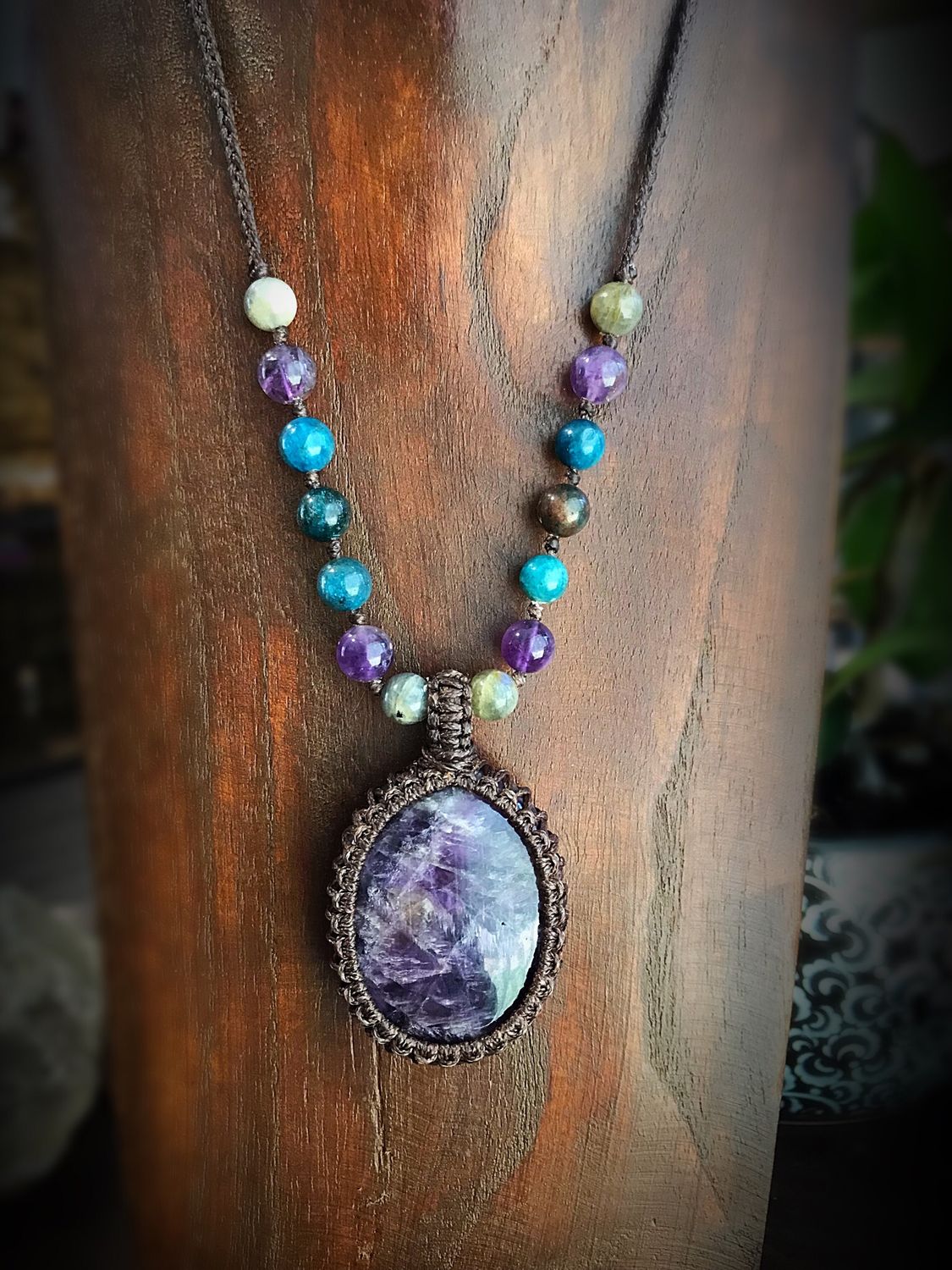 Amethyst Pendant With Apatite, Labradorite &amp; Amethyst Necklace with Bonus Earrings