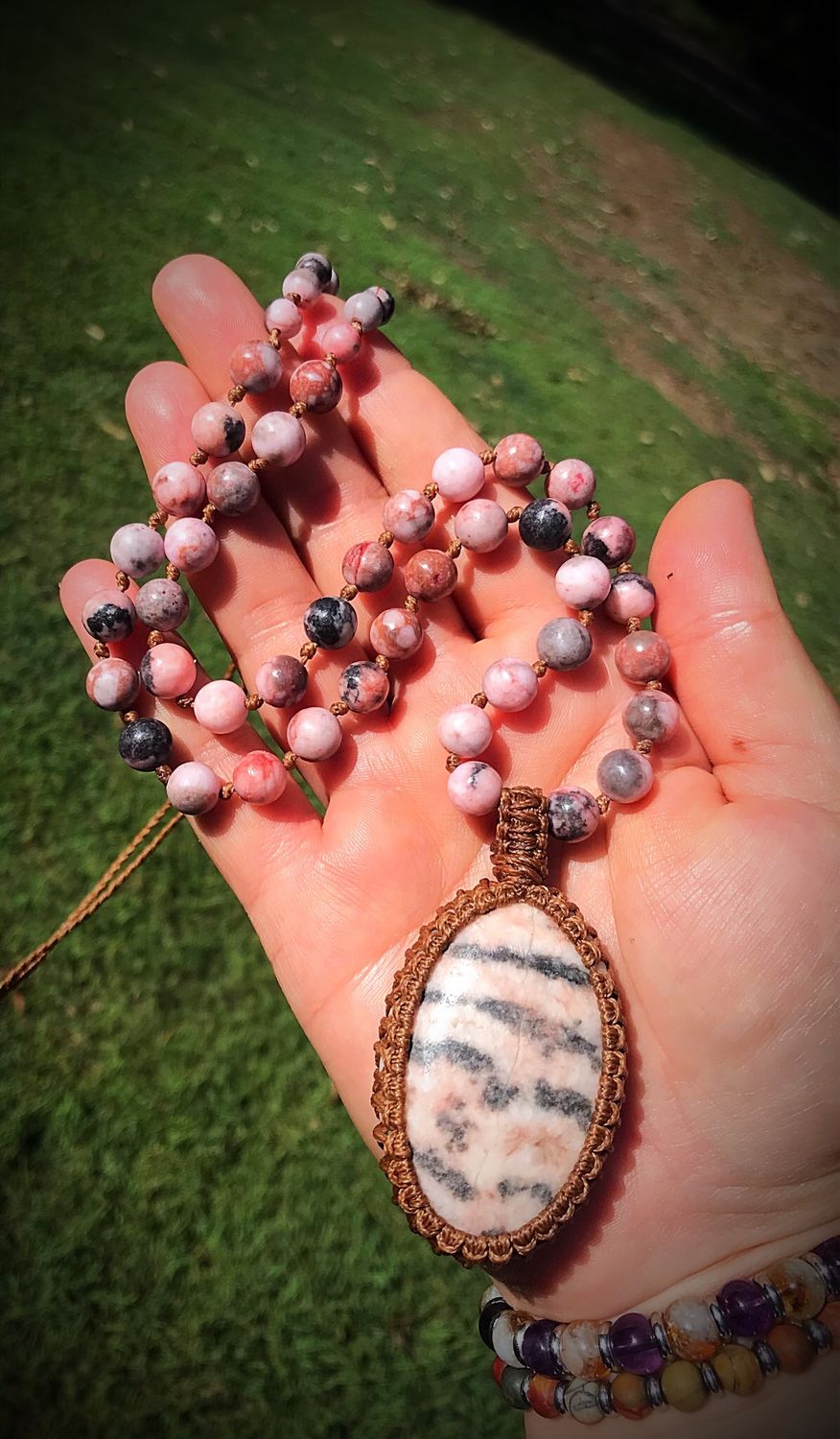 Pink Zebra Jasper Pendant Half Mala
