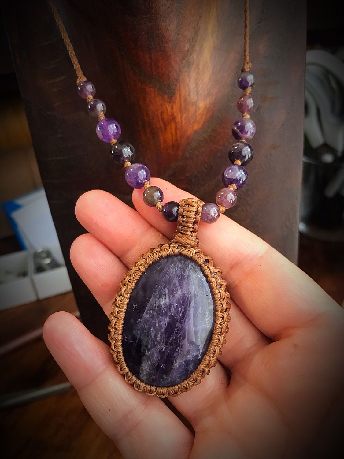 Amethyst Pendant With 7 Stone Necklace