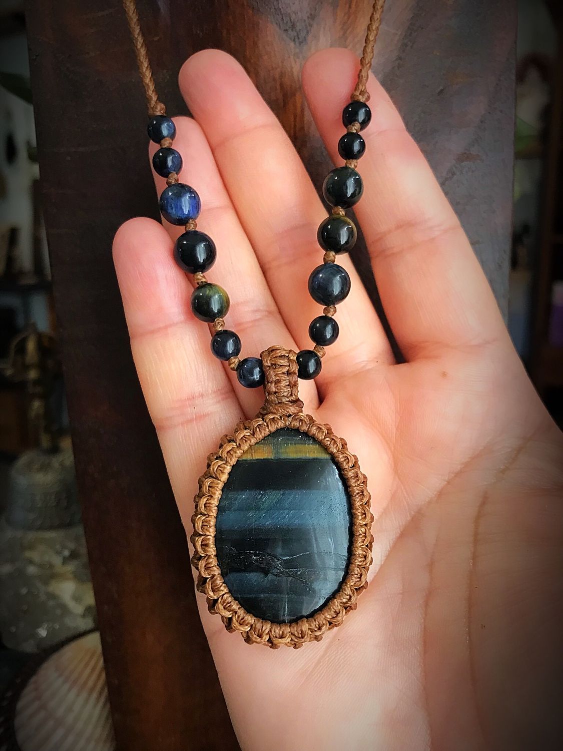 Blue Tiger’s Eye Pendant With 7 Stones Necklace