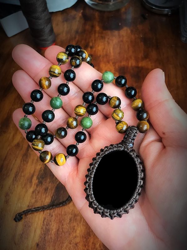 Black Obsidian Half Mala With Nephrite Jade &amp; Tiger’s Eye