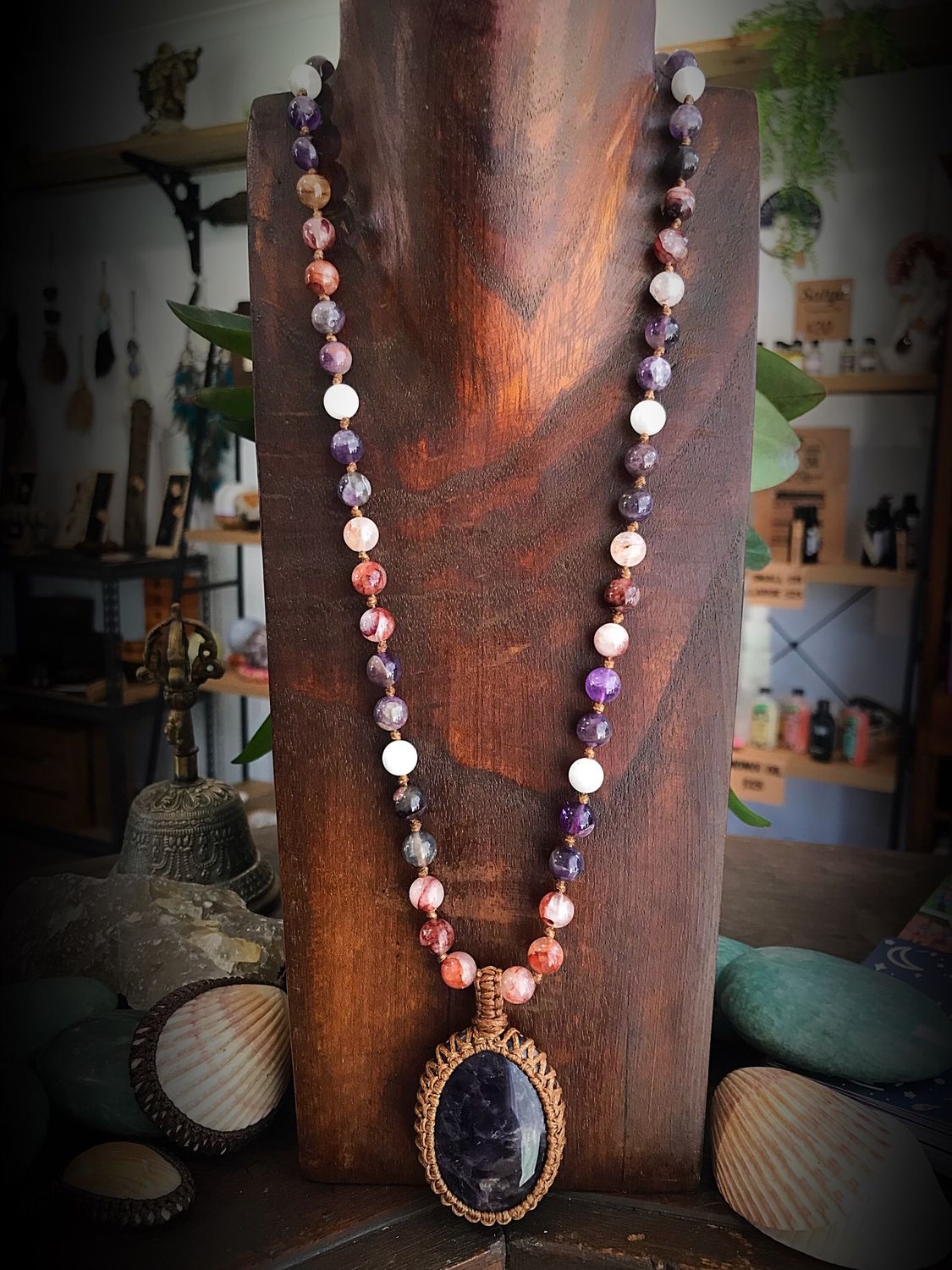 Amethyst Half Mala With Red Hematoid Quartz &amp; Moonstone