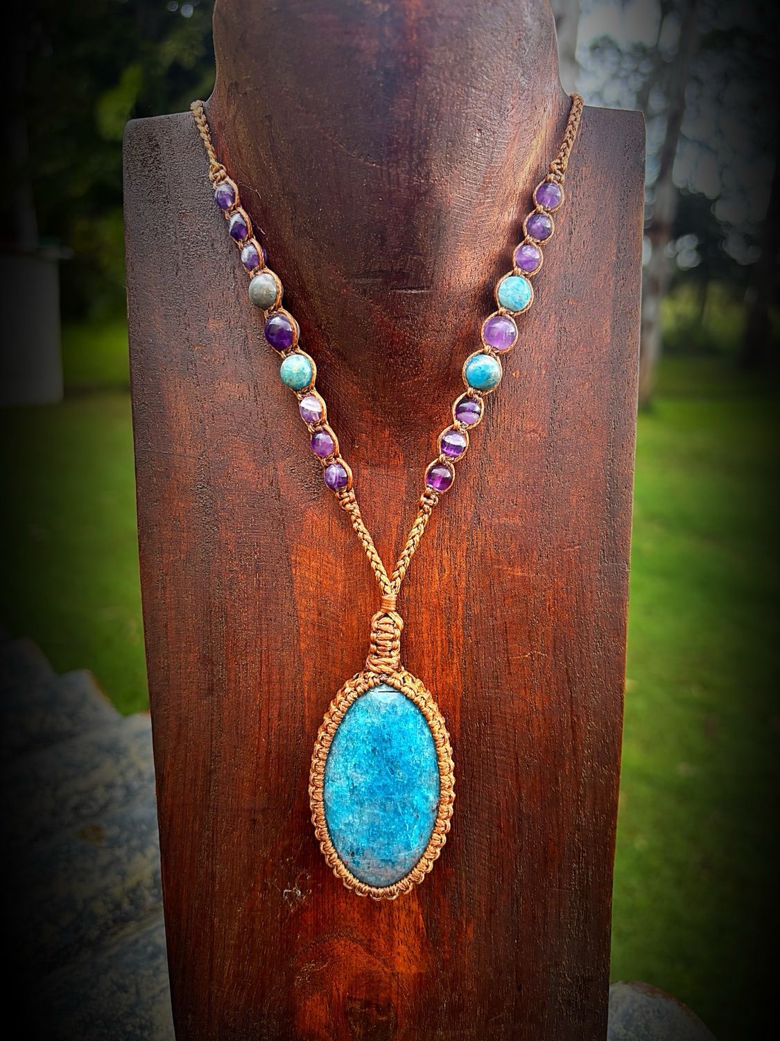 Apatite Pendant With Amethyst &amp; Apatite Bead Necklace