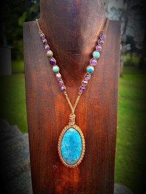 Apatite Pendant With Amethyst &amp; Apatite Bead Necklace