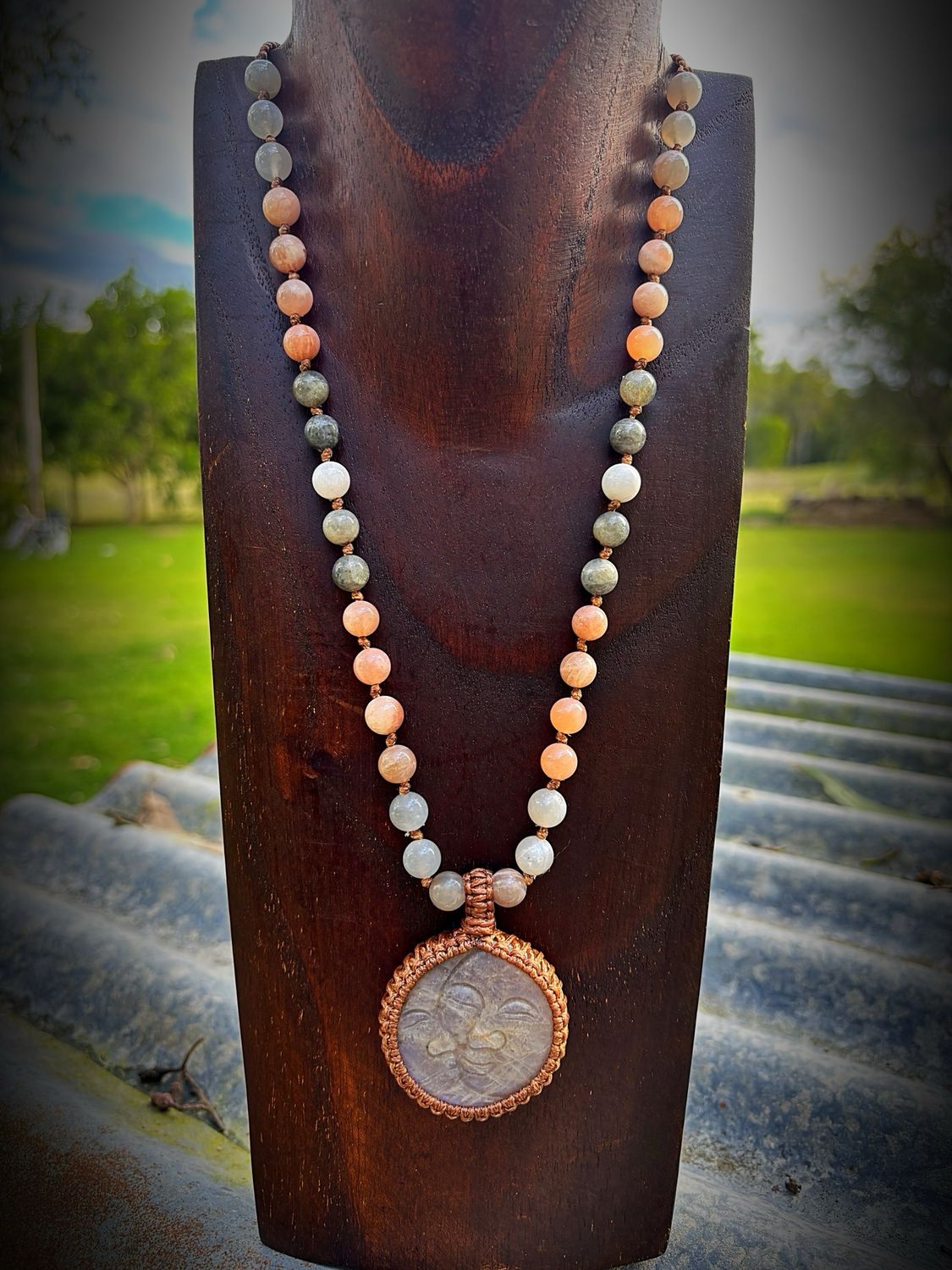 Peach moonstone Sun/Moon Face Pendant With Moonstone &amp; Labradorite