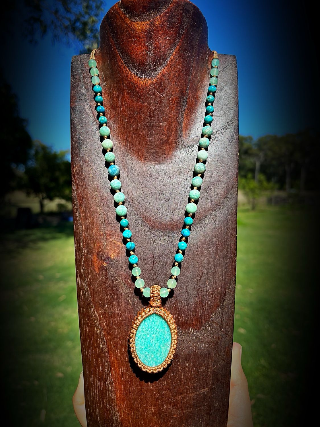 Amazonite ‘Harmonise’ Pendant With turquoise And Amazonite Beaded Necklace