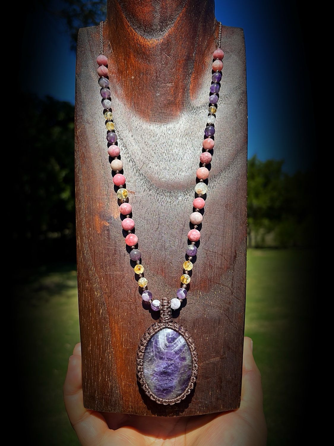 Amethyst Pendant With Citrine, Purple Rise Quartz &amp; Amethyst Beaded Necklace
