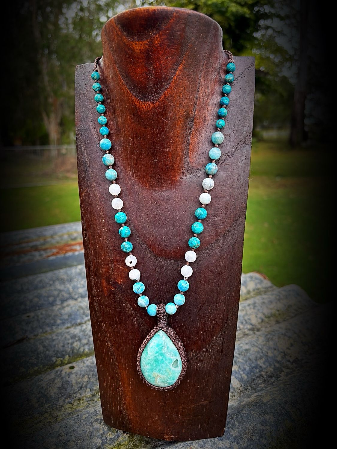 Blue Aragonite Beaded Necklace with Turquoise, Moonstone &amp; Apatite