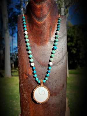 Shiva Shell with Amazonite, Turquoise &amp; White Howlite Beaded Necklace
