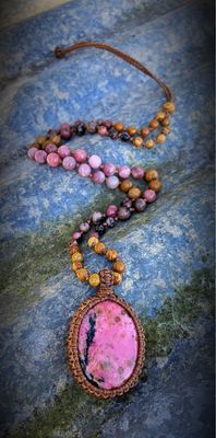 Rhodonite Pendant With Jasper, Rose Quartz Beads