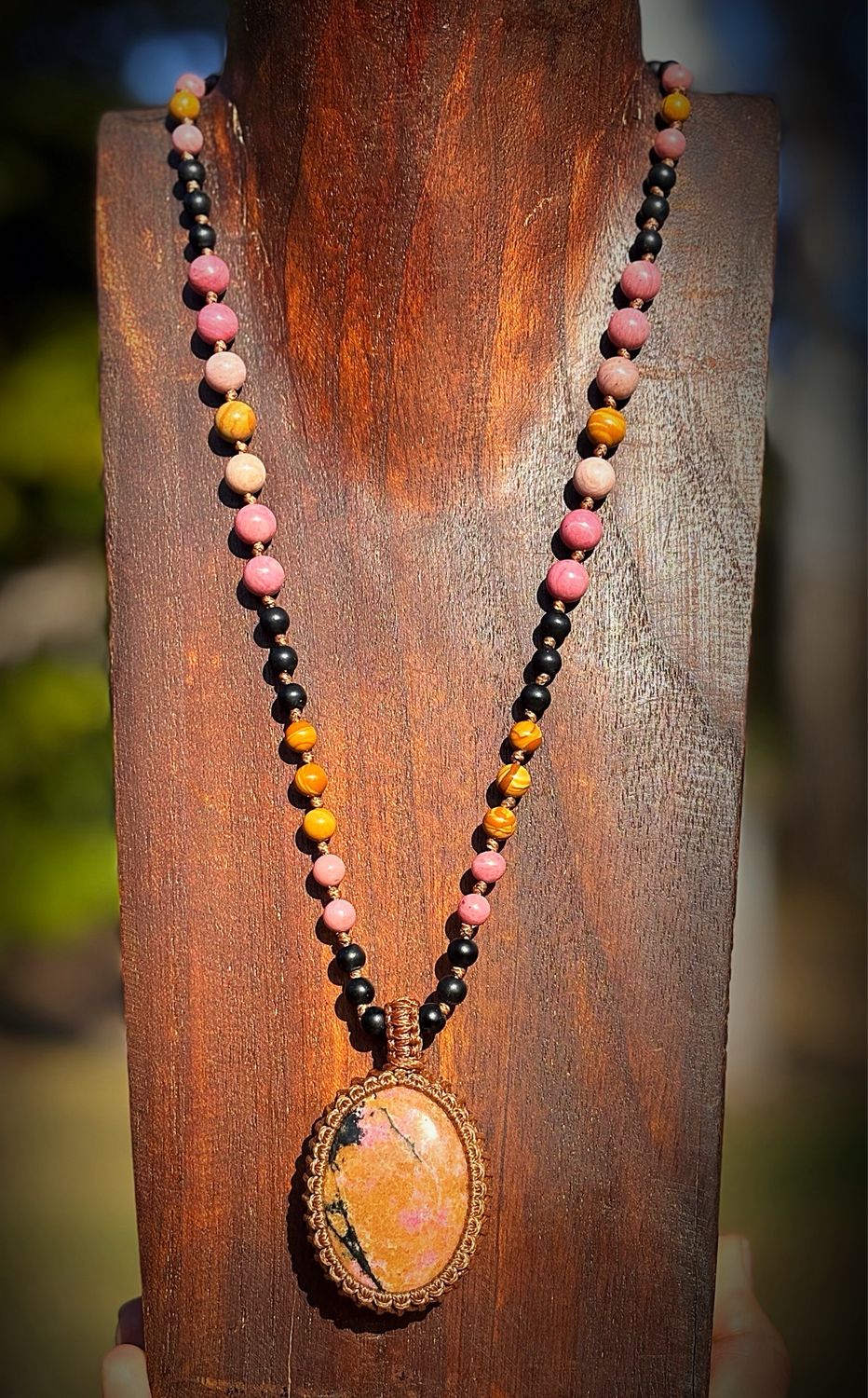 Rhodonite Pendant With Rhodochrosite, Black Onyx &amp; Petrified Jasper Beaded Necklace