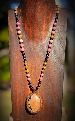 Rhodonite Pendant With Rhodochrosite, Black Onyx &amp; Petrified Jasper Beaded Necklace