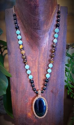 Black Onyx with Tiger’s Eye &amp; Amazonite Beaded Necklace