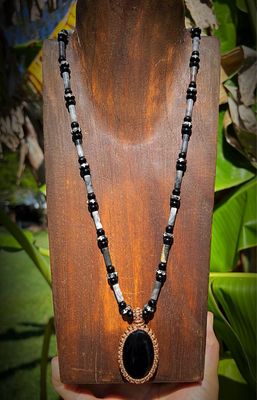 Black Onyx With Hawke’s Eye &amp; Yak Bone Necklace