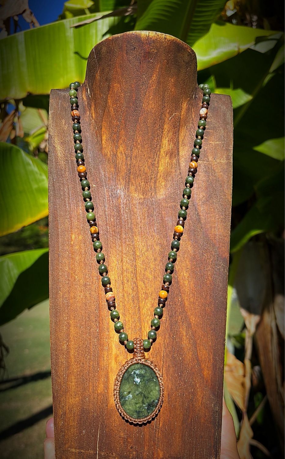 Nephrite Jade Pendant With Petrified Jasper Beaded Necklace