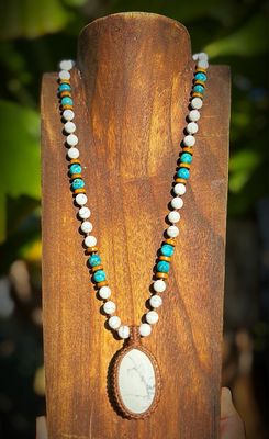 White Howlite Pendant With Added Turquoise Beaded Necklace