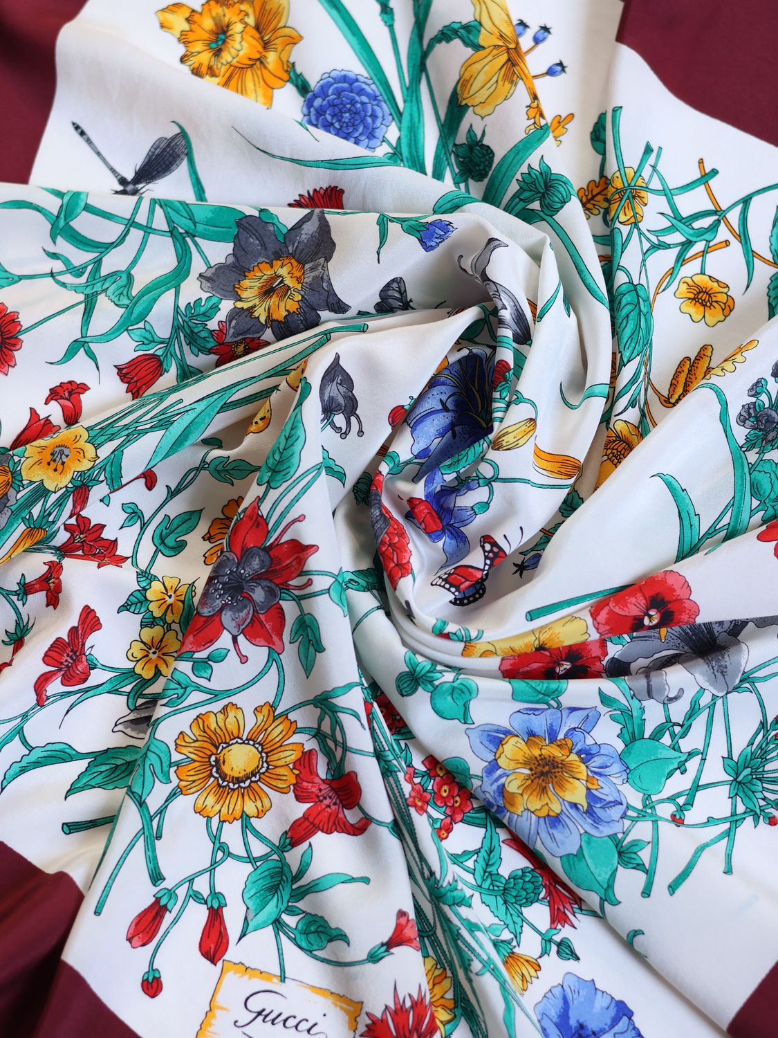 GUCCI FLORA BURGUNDY SILK SCARF