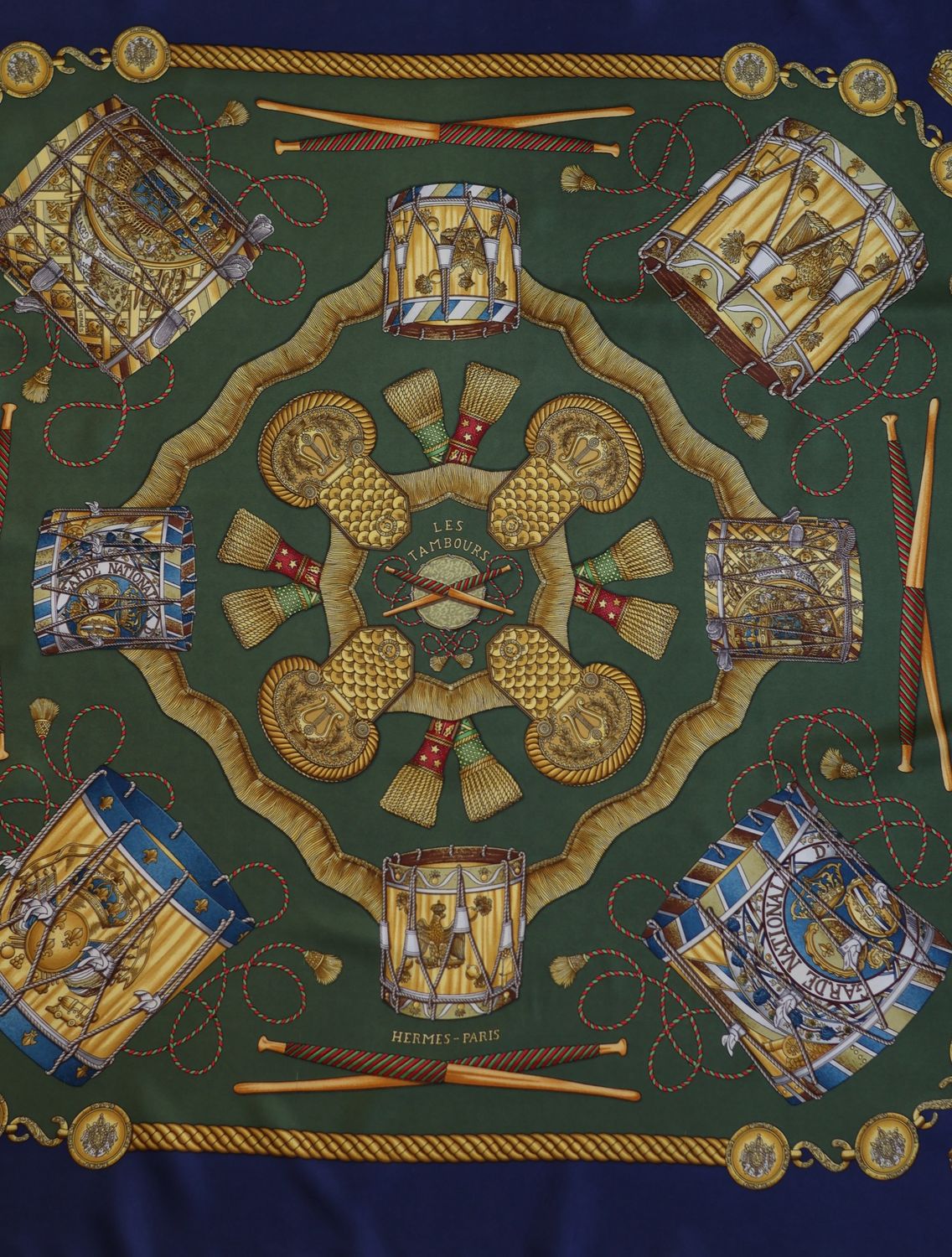 Hermès Les Tambours Navy Silk Scarf