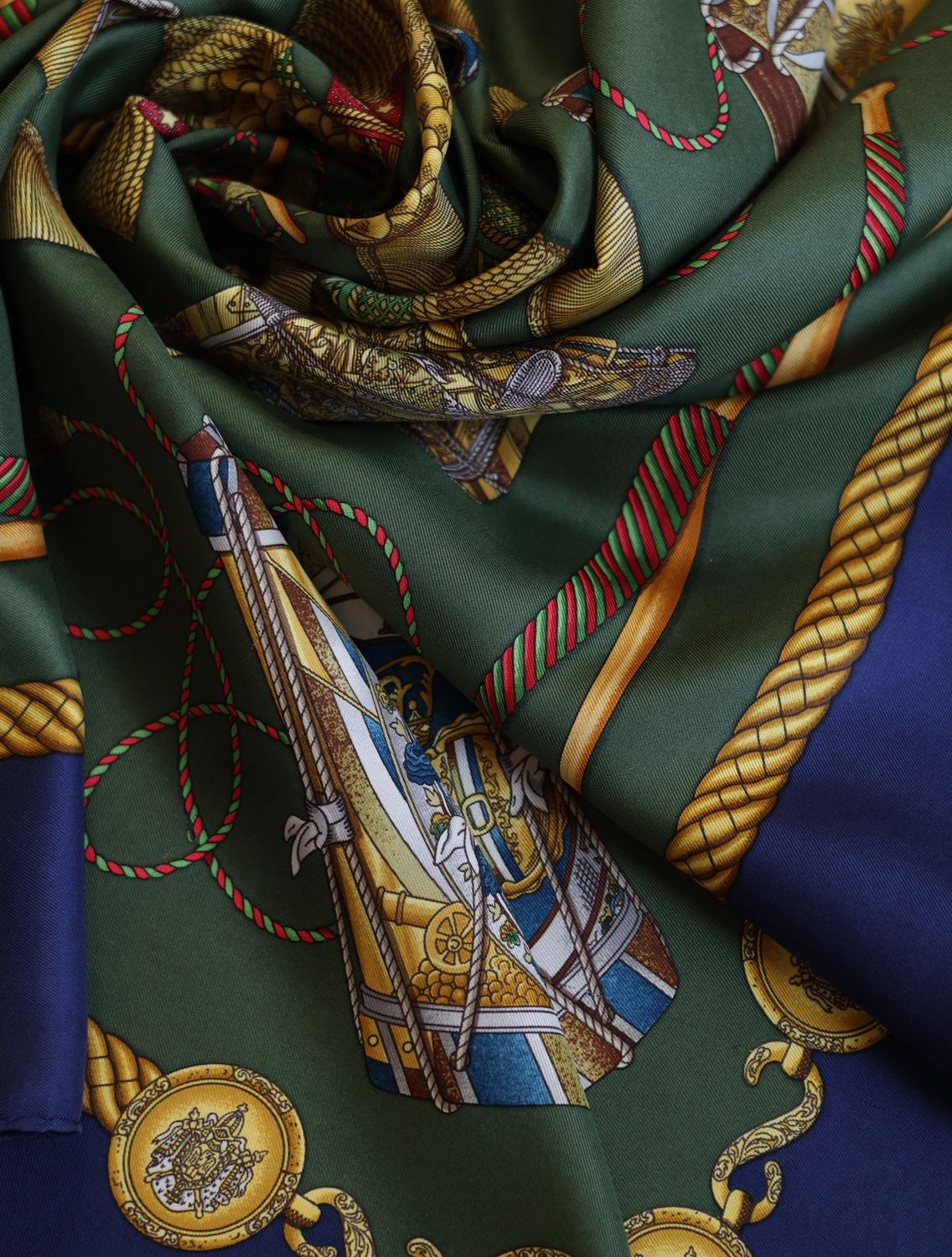 Hermès Les Tambours Navy Silk Scarf