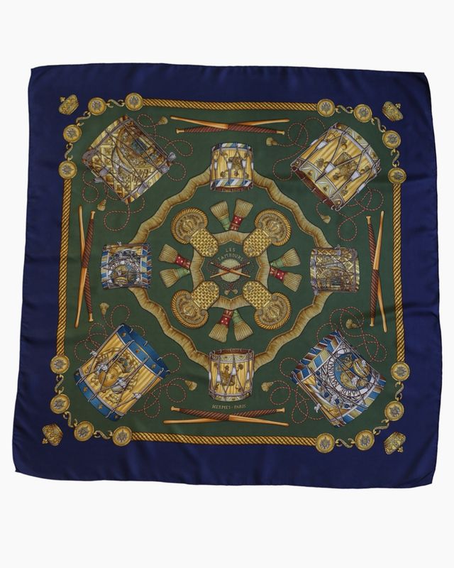 Hermès Les Tambours Navy Silk Scarf