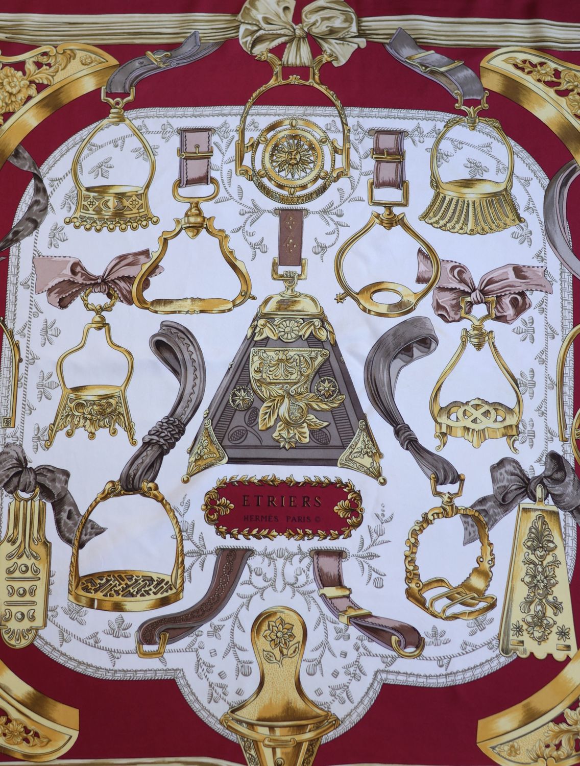 Hermès Étriers Burgundy Silk Scarf