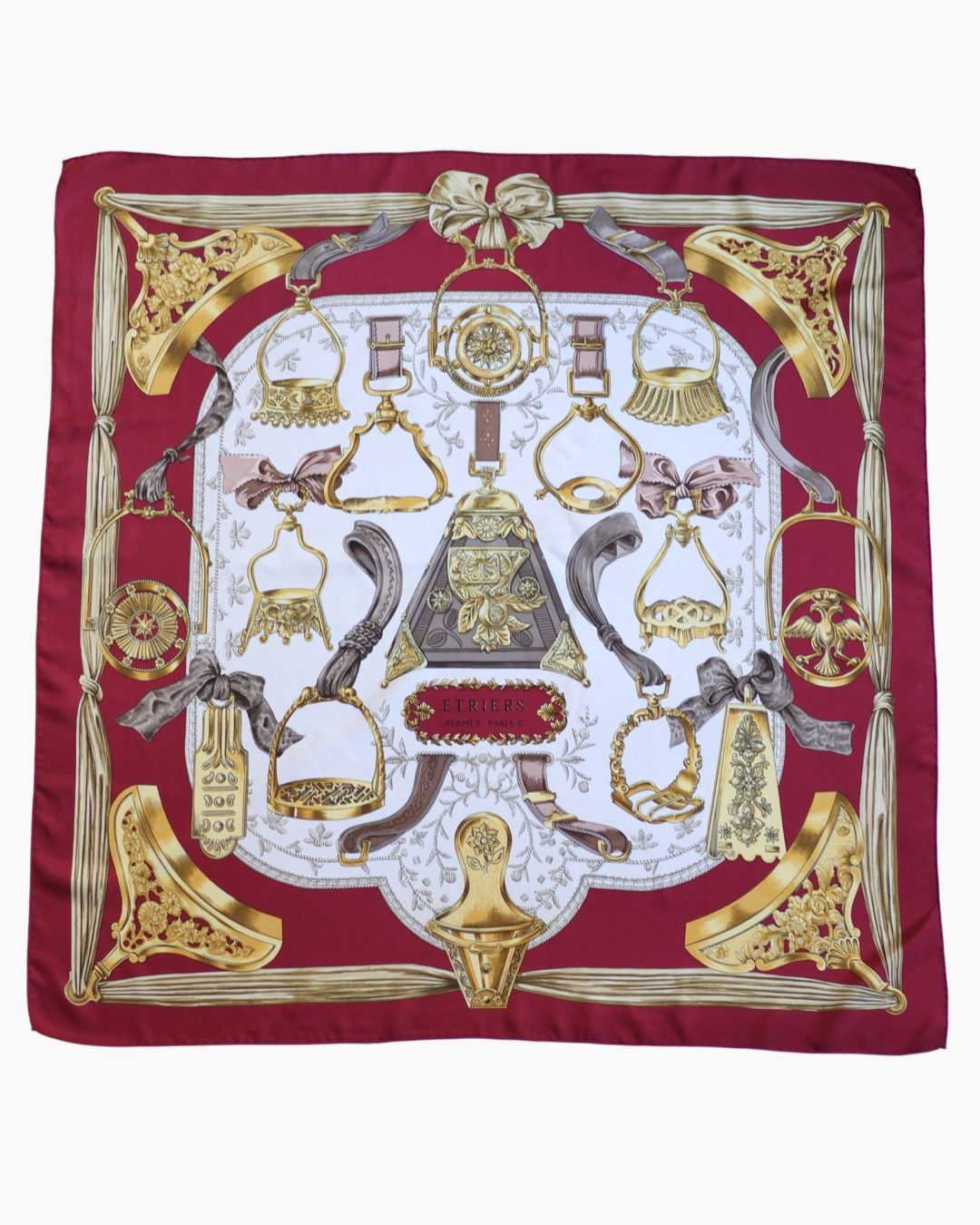 Hermès Étriers Burgundy Silk Scarf