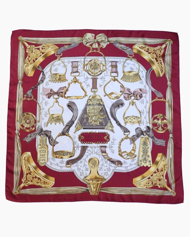 Hermès Étriers Burgundy Silk Scarf