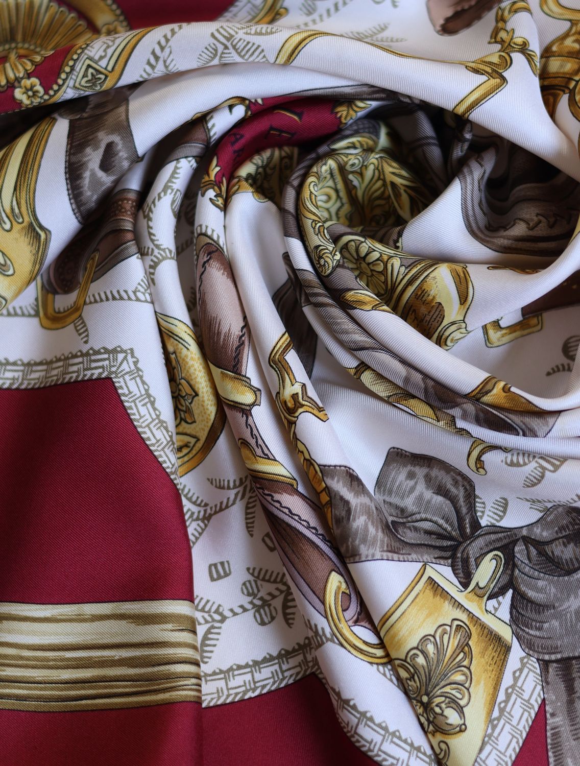 Hermès Étriers Burgundy Silk Scarf