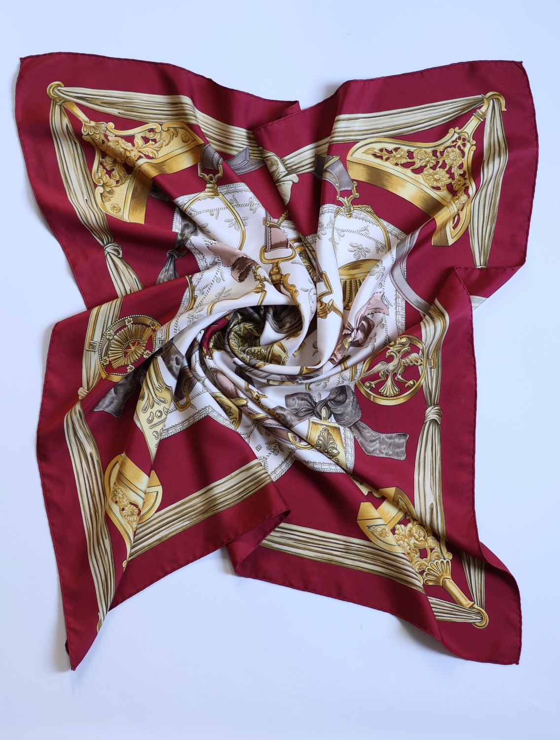 Hermès Étriers Burgundy Silk Scarf