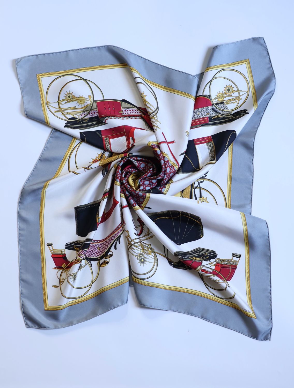 Hermès Les Voitures à Transformation Grey Silk Scarf