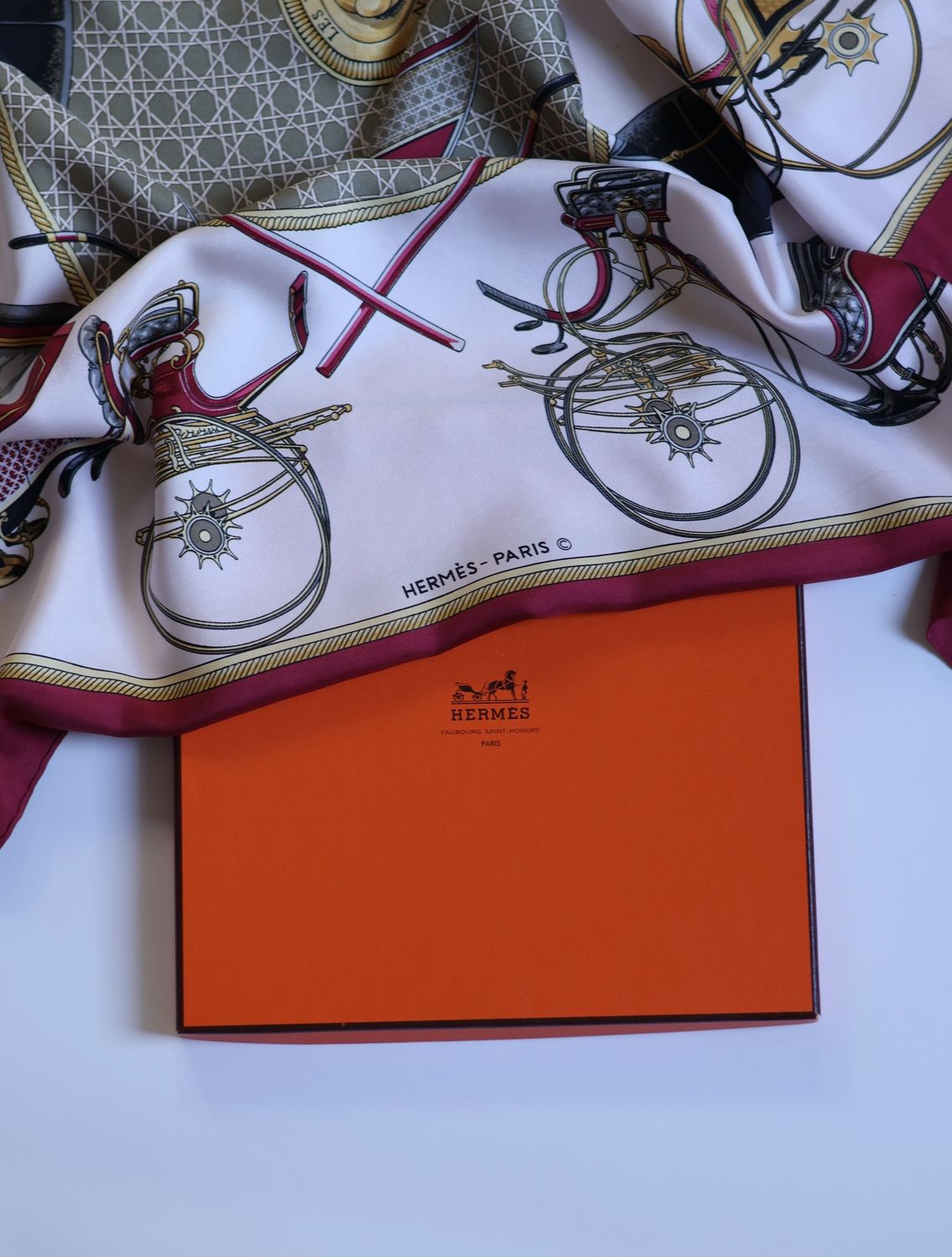 Hermès Les Voitures à Transformation Burgundy Silk Scarf