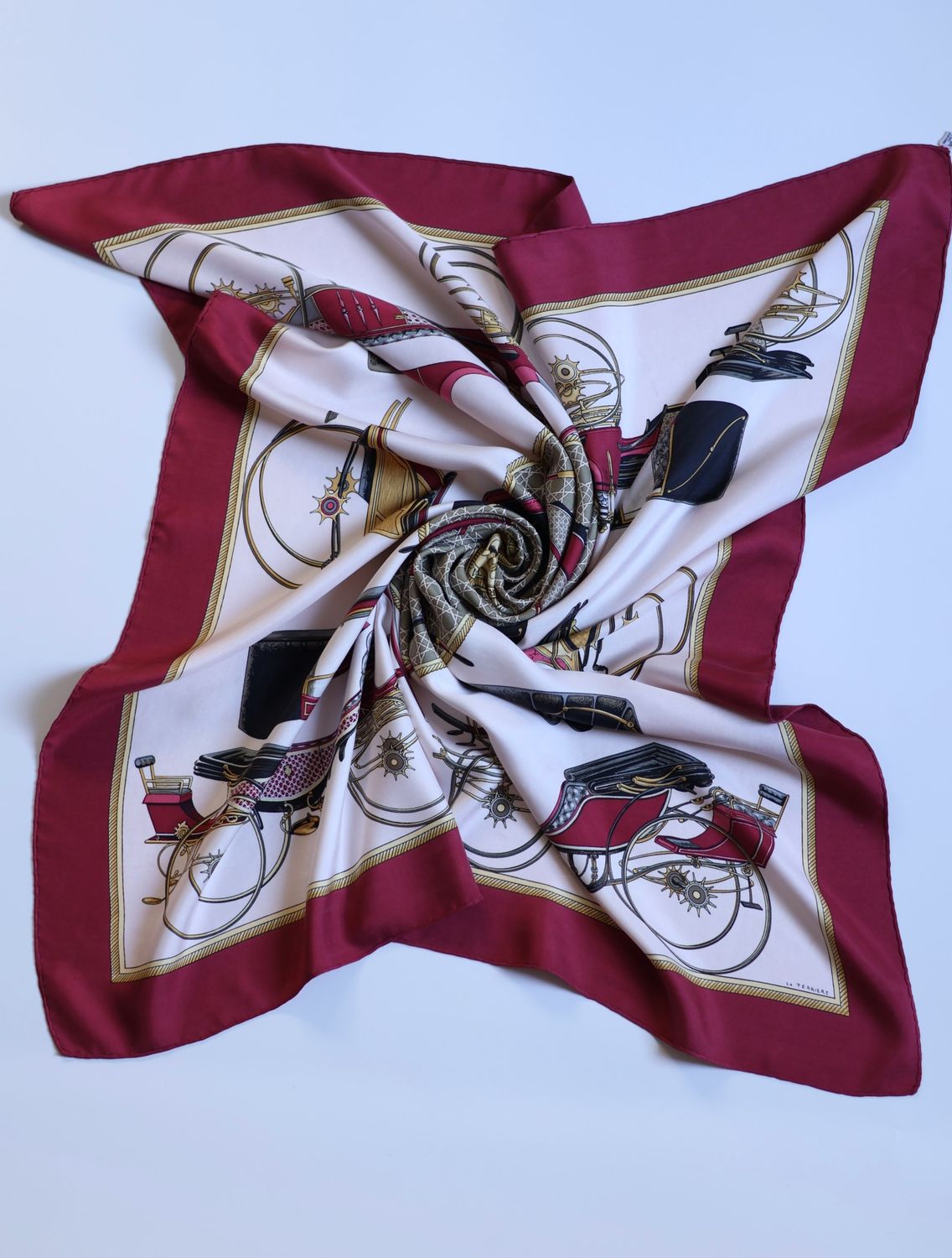 Hermès Les Voitures à Transformation Burgundy Silk Scarf