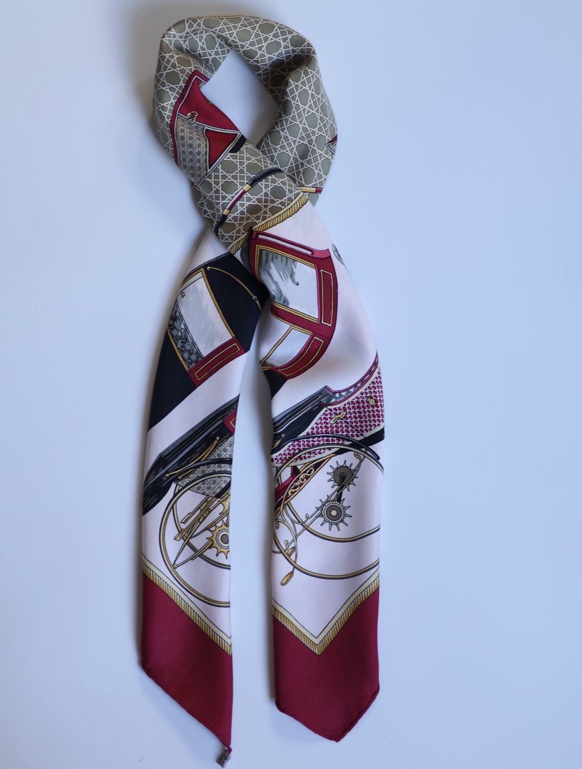 Hermès Les Voitures à Transformation Burgundy Silk Scarf