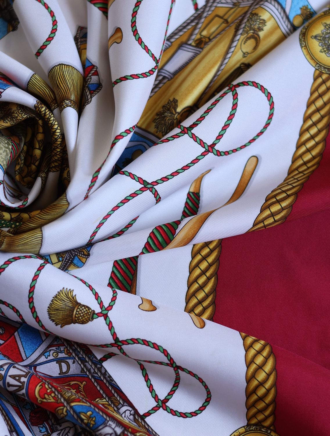 Hermès Les Tambours Burgundy Silk Scarf