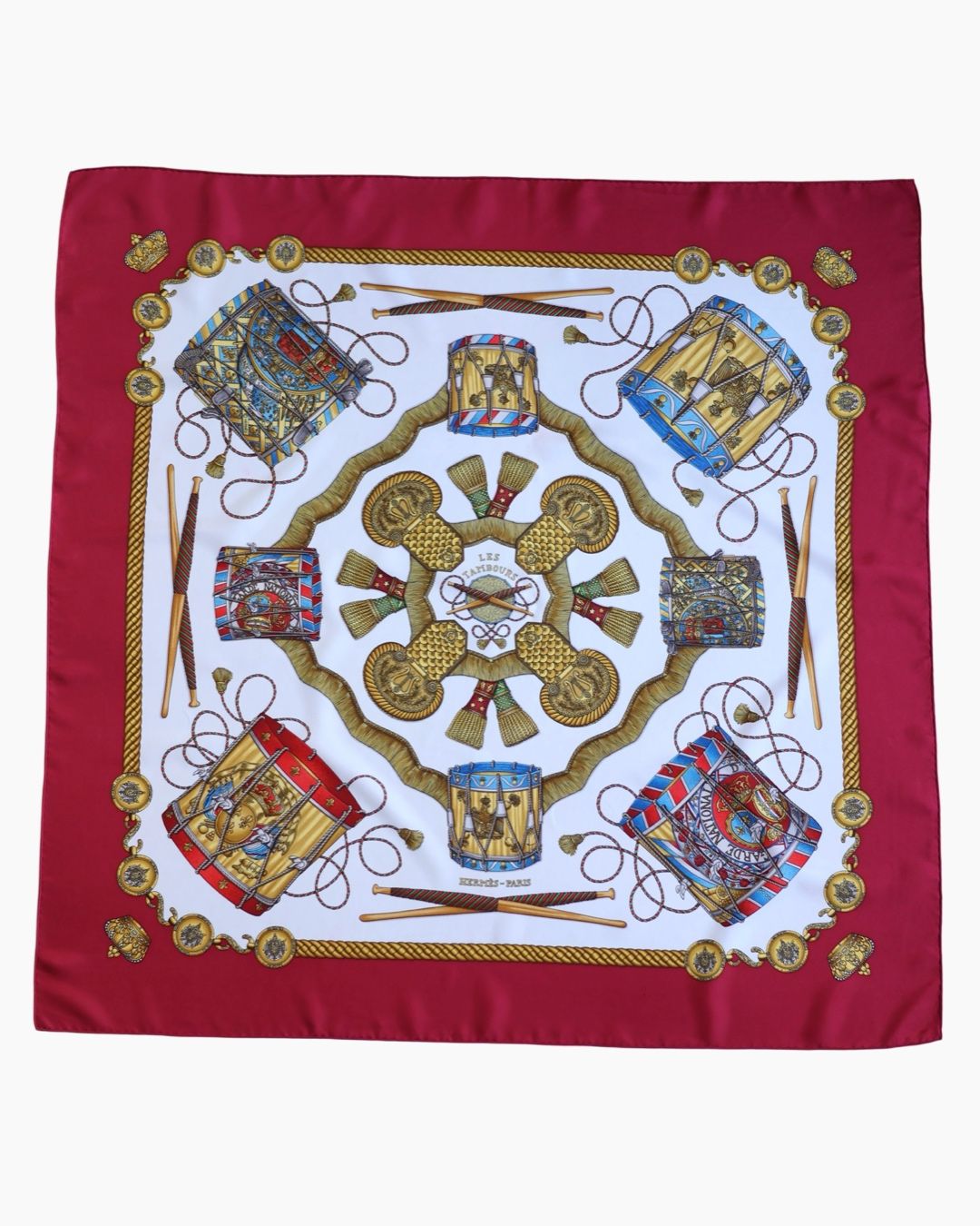 Hermès Les Tambours Burgundy Silk Scarf