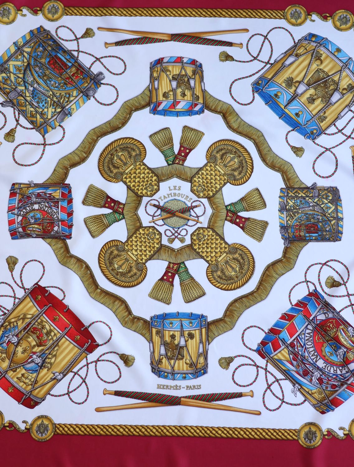 Hermès Les Tambours Burgundy Silk Scarf