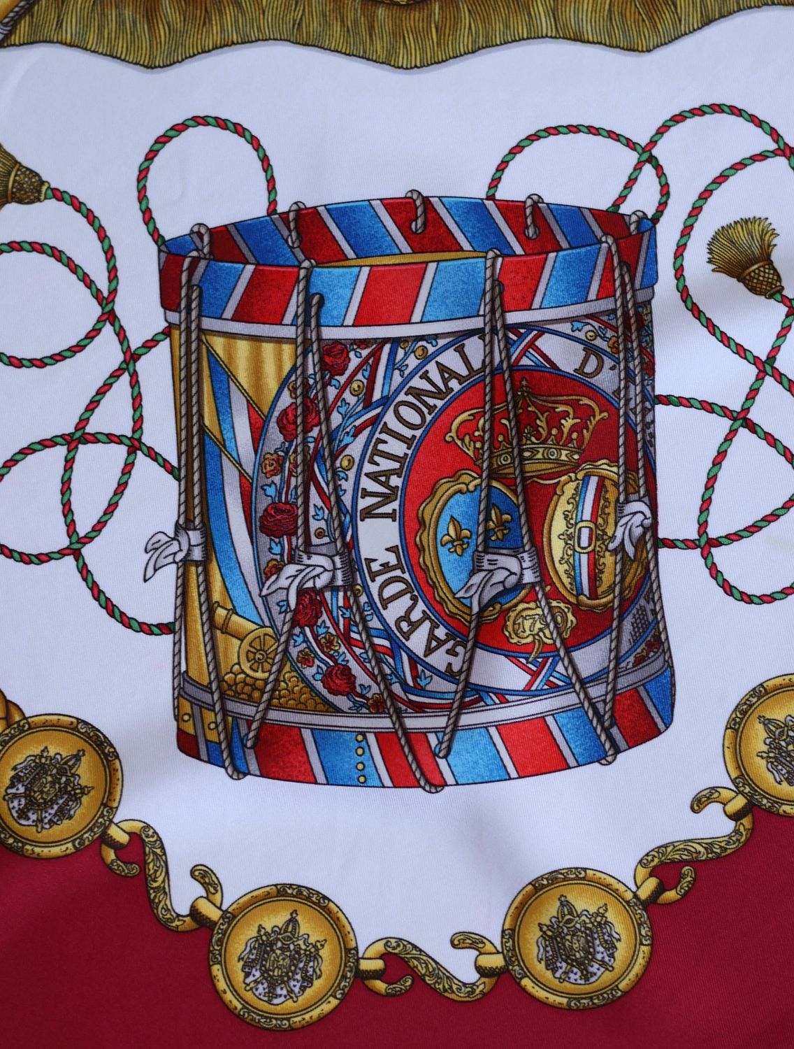 Hermès Les Tambours Burgundy Silk Scarf