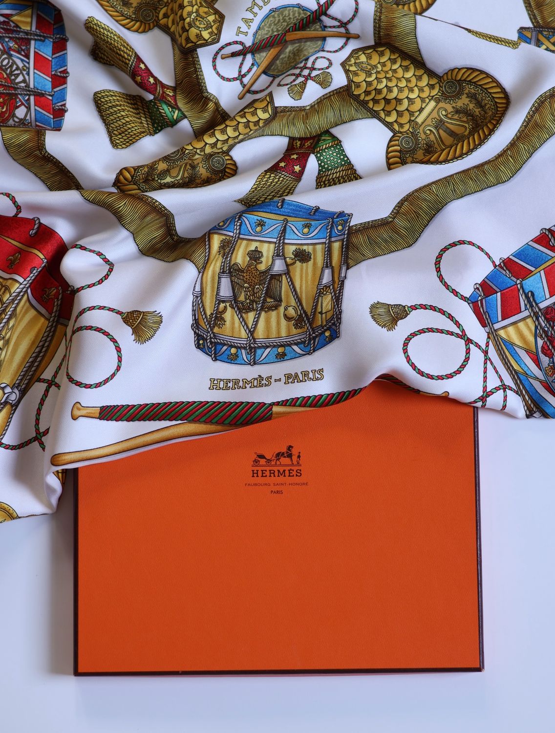 Hermès Les Tambours Burgundy Silk Scarf