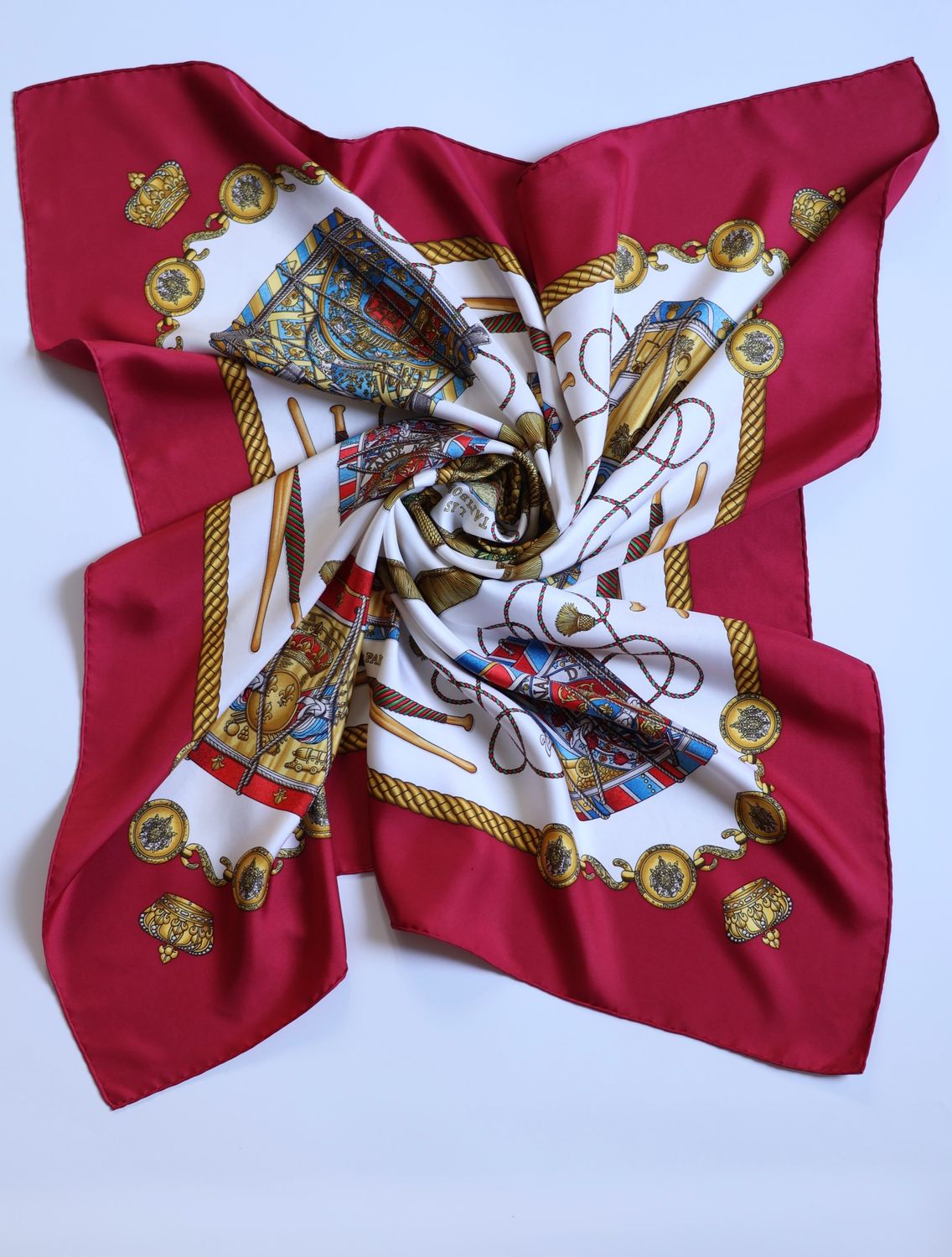 Hermès Les Tambours Burgundy Silk Scarf