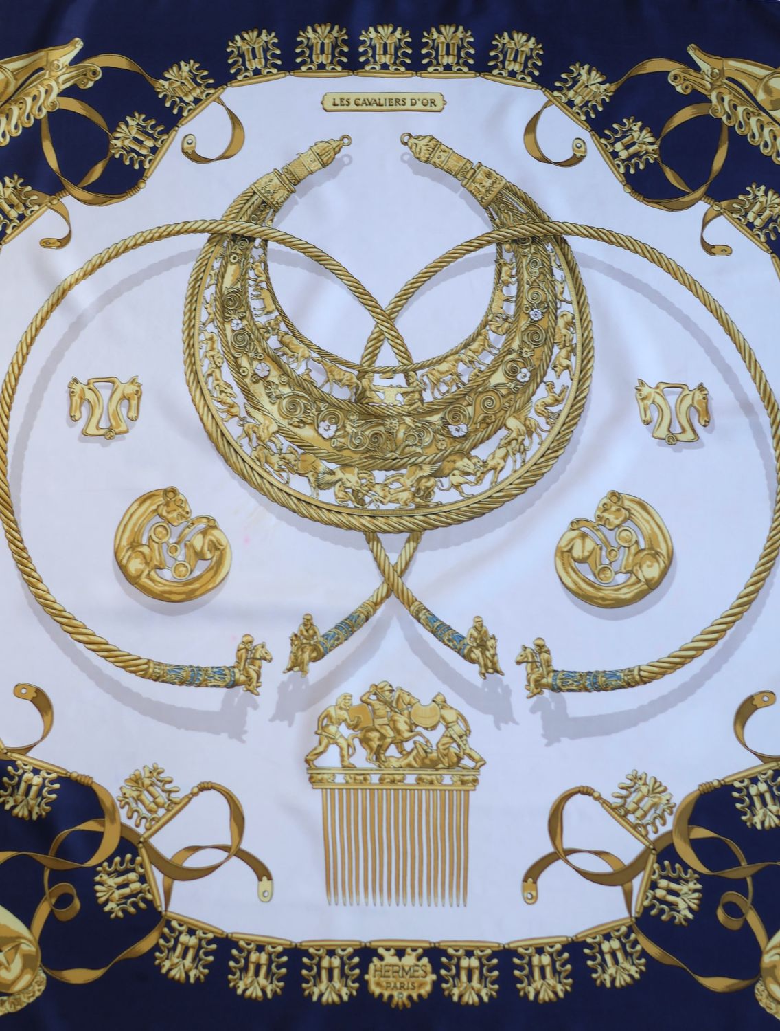 Hermès Les Cavaliers d’Or Navy Silk Scarf
