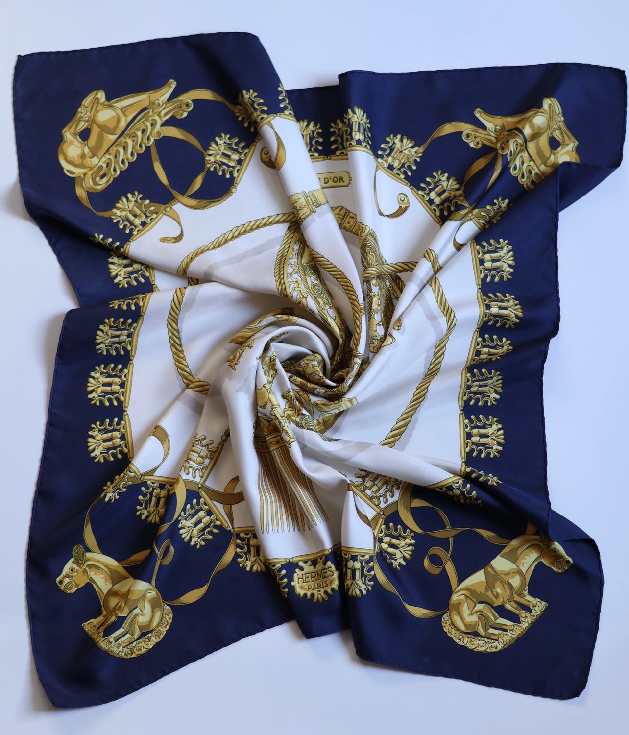 Hermès Les Cavaliers d’Or Navy Silk Scarf