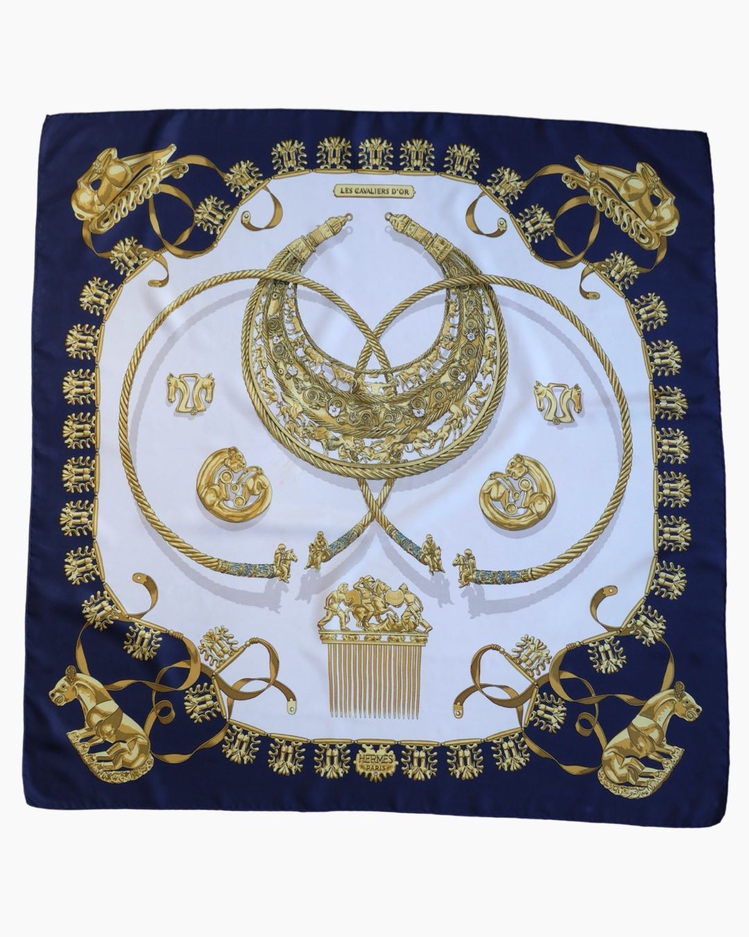 Hermès Les Cavaliers d’Or Navy Silk Scarf