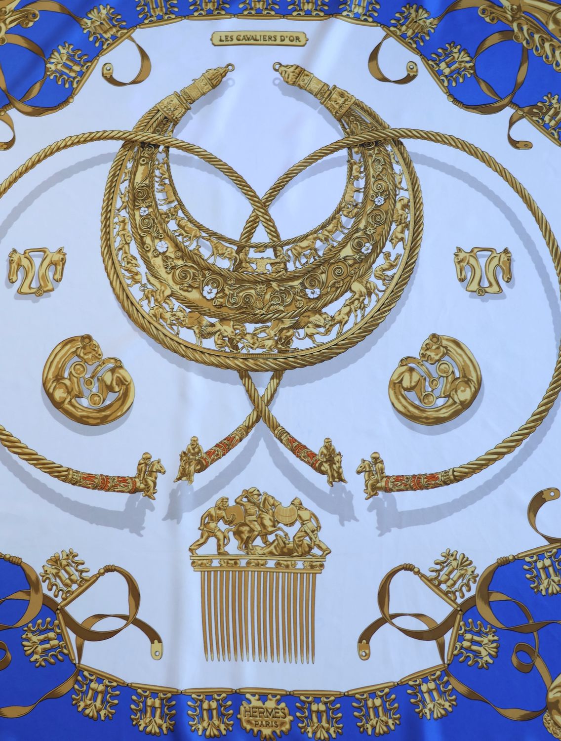 Hermès Les Cavaliers d'Or Blue Silk Scarf