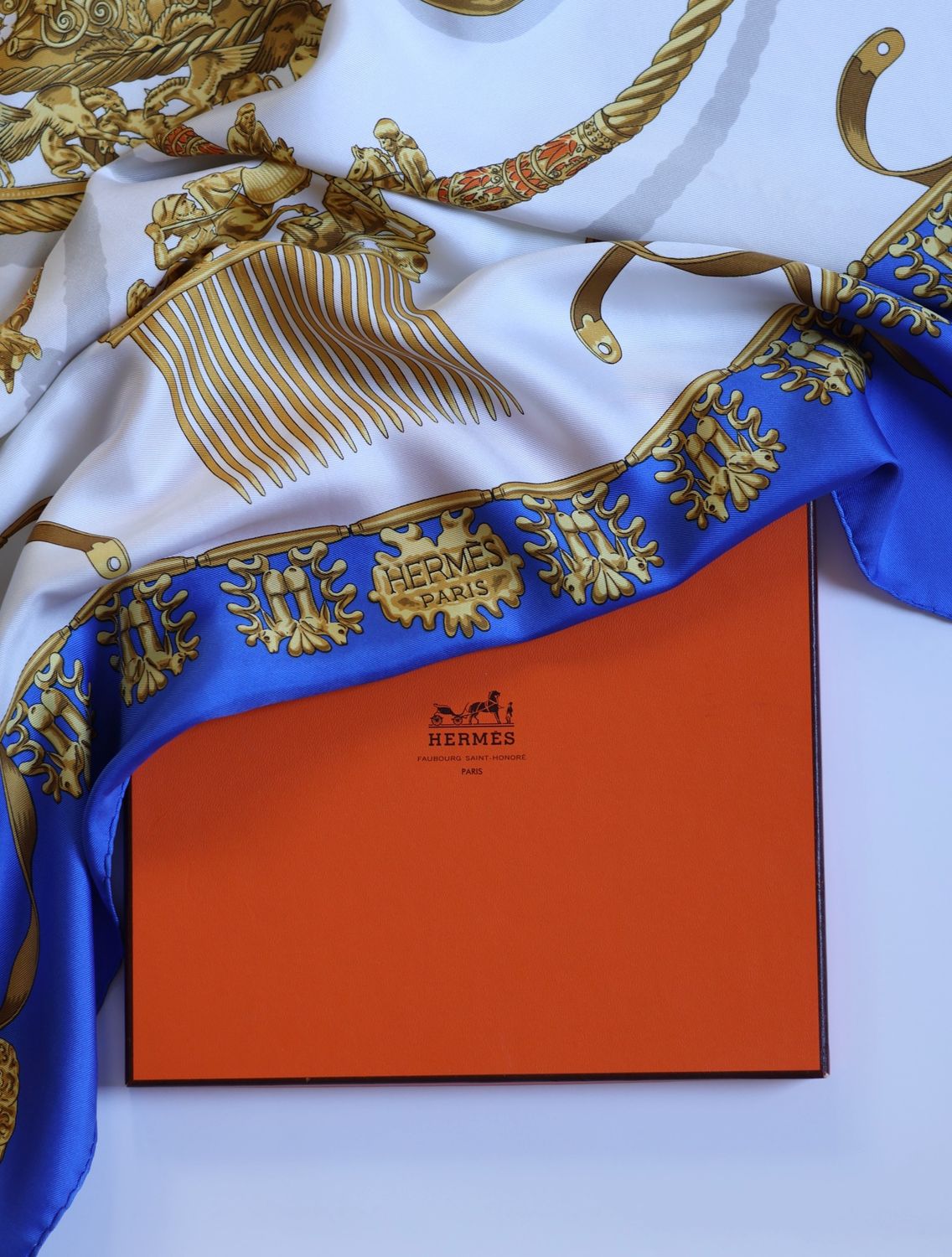 Hermès Les Cavaliers d’Or Blue Silk Scarf