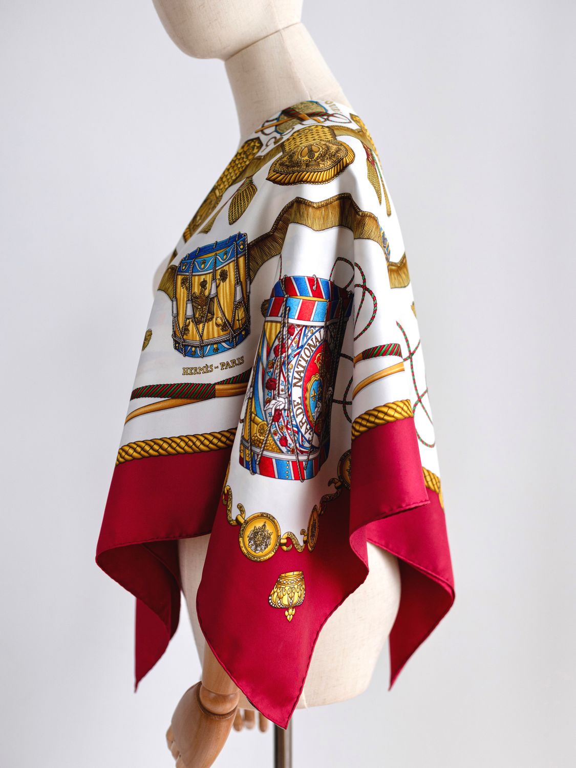 Hermès Les Tambours Burgundy Silk Scarf